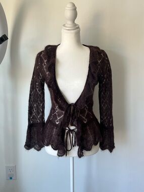 Laundry By Shelli Segal Brown Fairycore Sheer Mohair Cardigan